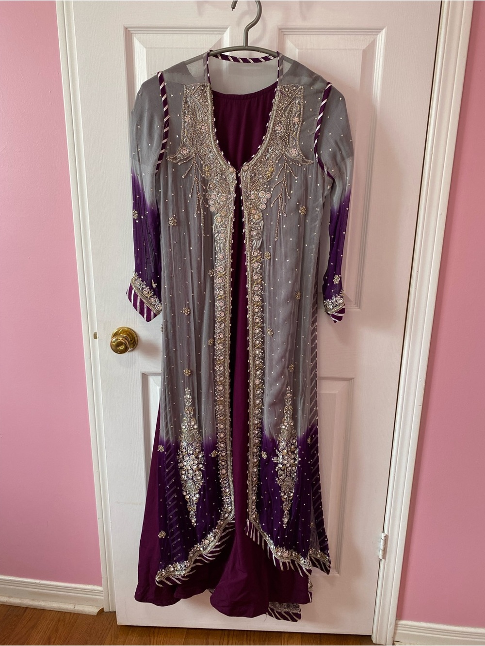 Women’s 4pc Pakistani Embellished Grey-Silver Purple Formal Long Maxi Dress